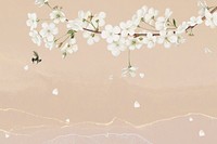 White azalea blossom flower branch bouquet border on nude peach background