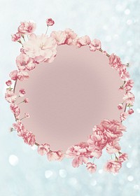 Round pink cherry blossom flower bouquet  border frame on blue glitter background