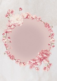 Round pink cherry blossom flower bouquet border frame on cream marble background