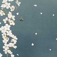 White azalea blossom flower branch bouquet border on blue background