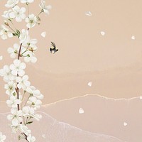 White azalea blossom flower branch bouquet border on nude peach background