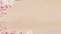 Pink cherry blossom flower branch bouquet border on nude peach background