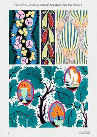 Colorful floral design, art nouveau & art deco artwork, plate no. 4. Digitally enhanced from our own original edition of Floréal: dessins and coloris nouveaux, Emile-Alain Séguy (1925).