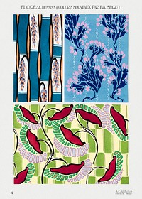 Floral colorful background, vintage art deco & art nouveau background, plate no. 16. Digitally enhanced from our own original edition of Floréal: dessins and coloris nouveaux, Emile-Alain Séguy (1925).