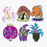 Art deco plant sticker, colorful clip art vector set