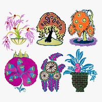 Art deco plant sticker, colorful clip art psd set