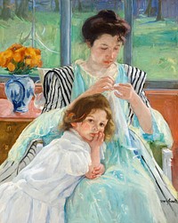 Young Mother Sewing (1900) painting in high resolution by Mary Cassatt. Original from The MET Museum. Digitally enhanced by rawpixel.