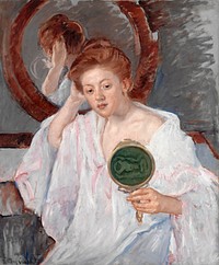 Denise at Her Dressing Table (ca. 1908–1909) painting in high resolution by Mary Cassatt. Original from The MET Museum. Digitally enhanced by rawpixel.