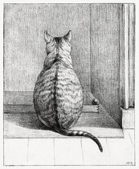 Sitting cat, from behind (1812) drawing in high resolution by Jean Bernard. Original from the Rijksmuseum. Digitally enhanced by rawpixel.