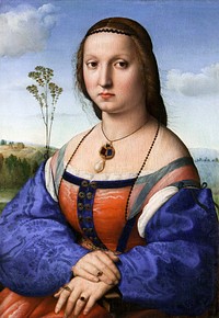Raphael's Portrait of Maddalena Strozzi Doni (ca. 1506) famous painting. Original from Wikimedia Commons. Digitally enhanced by rawpixel.