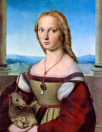 Raphael's Young Woman with Unicorn (Dame mit dem Einhorn) (1506) famous painting. Original from Wikimedia Commons. Digitally enhanced by rawpixel.