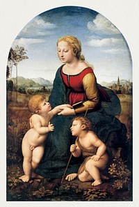 Raphael's The Virgin and Child with Saint John the Baptist (1507) famous painting. Original from Wikimedia Commons. Digitally enhanced by rawpixel.