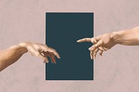 Mockup poster PSD, hands of god and Adam, remixed from artworks by Michelangelo Buonarroti
