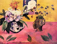 Paul Gauguin's Still Life with Head-Shaped Vase and Japanese Woodcut (1889) famous painting. Original from Wikimedia Commons. Digitally enhanced by rawpixel.
