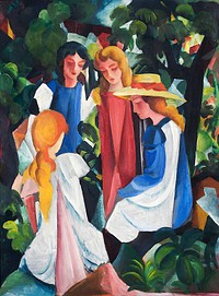 August Macke's Four Girls (1912–1914) famous painting. Original from Wikimedia Commons. Digitally enhanced by rawpixel.