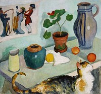 August Macke's The ghost in the house stalls: Still life with a cat (1910) famous painting. Original from Wikimedia Commons. Digitally enhanced by rawpixel.
