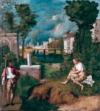 Giorgione's The Tempest (1505) famous painting. Original from Wikimedia Commons. Digitally enhanced by rawpixel.