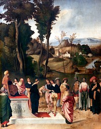 Giorgione's Moses Undergoing Trial by Fire (1505) famous painting. Original from Wikimedia Commons. Digitally enhanced by rawpixel.