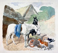 Two Horses Eating From a Wheel-Barrow Watched by a Goat and Three Ducks (1850) painting in high resolution by John Frederick Herring. Original from Yale University Art Gallery. Digitally enhanced by rawpixel.