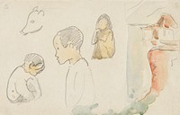 Sketches of Crouching and Standing Figures, a Pig, and a Hut at Water&rsquo;s Edge (1891) by <a href="https://www.rawpixel.com/search/paul%20gauguin?sort=curated&amp;type=all&amp;page=1">Paul Gauguin</a>. Original from The Art Institute of Chicago. Digitally enhanced by rawpixel.