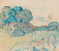 Tahitian Landscape (1894) by <a href="https://www.rawpixel.com/search/paul%20gauguin?sort=curated&amp;type=all&amp;page=1">Paul Gauguin</a>. Original from The Art Institute of Chicago. Digitally enhanced by rawpixel.