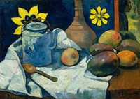 Still Life with Teapot and Fruit (1896) by <a href="https://www.rawpixel.com/search/paul%20gauguin?sort=curated&amp;type=all&amp;page=1">Paul Gauguin</a>. Original from The MET Museum. Digitally enhanced by rawpixel.