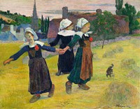 Breton Girls Dancing, Pont-Aven (1888) by <a href="https://www.rawpixel.com/search/paul%20gauguin?sort=curated&amp;type=all&amp;page=1">Paul Gauguin</a>. Original from The National Gallery of Art. Digitally enhanced by rawpixel.