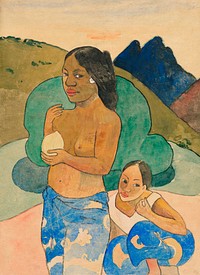 Two Tahitian Women in a Landscape (ca. 1892) by <a href="https://www.rawpixel.com/search/paul%20gauguin?sort=curated&amp;type=all&amp;page=1">Paul Gauguin</a>. Original from The Art Institute of Chicago. Digitally enhanced by rawpixel.