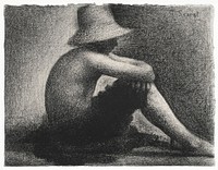 Seated Boy with Straw Hat, study for Bathers at Asni&egrave;res (ca. 1883&ndash;1884) by <a href="https://www.rawpixel.com/search/Georges%20Seurat?sort=curated&amp;type=all&amp;page=1">Georges Seurat</a>. Original from Yale University Art Gallery. Digitally enhanced by rawpixel.