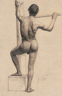 Male Nude with Left Foot on a Pedestal (1879) by <a href="https://www.rawpixel.com/search/gustav%20klimt?sort=curated&amp;type=all&amp;page=1">Gustav Klimt</a>. Original from The Art Institute of Chicago. Digitally enhanced by rawpixel.