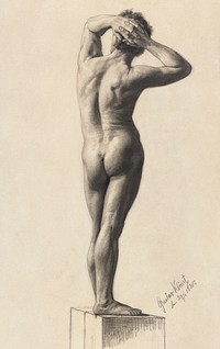 Male Nude (1880) by <a href="https://www.rawpixel.com/search/gustav%20klimt?sort=curated&amp;type=all&amp;page=1">Gustav Klimt</a>. Original from The Art Institute of Chicago. Digitally enhanced by rawpixel. 