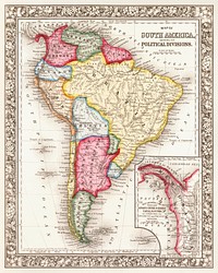Map of South America, showing its political divisions; Map showing the proposed Atrato-inter-oceanic canalroutes, for connecting the Atlantic and Pacific oceans (1863) by Samuel Augustus Mitchell. Original From The New York Public Library. Digitally enhanced by rawpixel.
