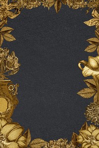 Vintage gold flower and leaf frame on black background design element