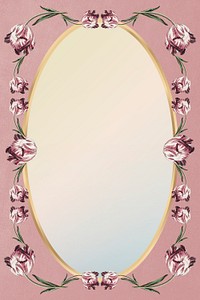 Vintage oval gold tulip flower frame on pink background design element