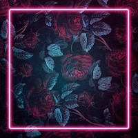 Pink neon frame on vintage dark red rose flower background design element