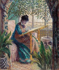 Madame Monet Embroidering (1875) by <a href="https://www.rawpixel.com/search/Claude%20Monet?sort=curated&amp;page=1">Claude Monet</a>. Original from the Barnes Foundation. Digitally enhanced by rawpixel.