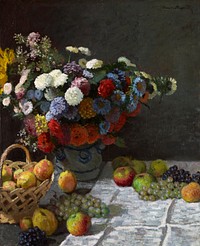 Still Life with Flowers and Fruit (1869) by <a href="https://www.rawpixel.com/search/Claude%20Monet?sort=curated&amp;page=1">Claude Monet</a>. Original from the J.Paul Getty Museum. Digitally enhanced by rawpixel.