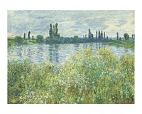 Banks of the Seine, V&eacute;theuil illustratin wall art print and poster. Original by Claude Monet, digitally enhanced by rawpixel. 