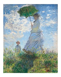 Woman with a Parasol, Madame Monet and Her Son vintage illustration wall art print and poster design remix from original artwork by Claude Monet.