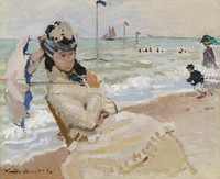 Camille on the Beach in Trouville (1870) by <a href="https://www.rawpixel.com/search/Claude%20Monet?sort=curated&amp;page=1">Claude Monet</a>. Original from the Yale University Art Gallery. Digitally enhanced by rawpixel.