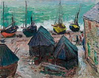 Boats on the Beach at &Eacute;tretat (1885) by <a href="https://www.rawpixel.com/search/Claude%20Monet?sort=curated&amp;page=1">Claude Monet</a>. Original from the Art Institute of Chicago. Digitally enhanced by rawpixel.