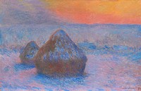 Stacks of Wheat, Sunset, Snow Effect (1890&ndash;1891) by <a href="https://www.rawpixel.com/search/Claude%20Monet?sort=curated&amp;page=1">Claude Monet</a>. Original from the Art Institute of Chicago. Digitally enhanced by rawpixel.