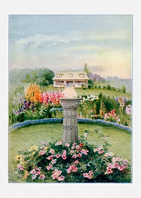 Garden & house watercolor illustration. Digitally enhanced from our own original copy of The Open Door to Independence (1915) by Thomas E. Hill.