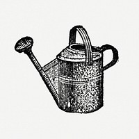 Watering can sticker, black ink drawing psd, digitally enhanced from our own original copy of The Open Door to Independence (1915) by Thomas E. Hill.