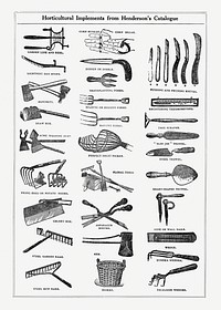 Garden tools implement catalogue. Digitally enhanced from our own original copy of The Open Door to Independence (1915) by Thomas E. Hill. 