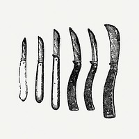 Pruning knives clipart, black ink drawing psd, digitally enhanced from our own original copy of The Open Door to Independence (1915) by Thomas E. Hill.