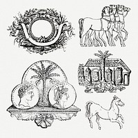 Vintage sticker, hand drawn 19th century design element psd set