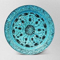 Vintage psd blue dish underglaze painted design, featuring public domain artworks