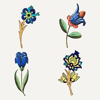 Vintage blue flower illustration psd set, featuring public domain artworks