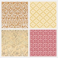 Vintage psd geometric and floral pattern background set, featuring public domain artworks